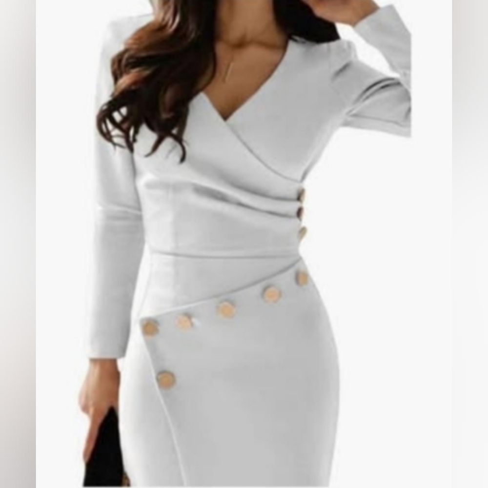 Llady White Long Sleeve Bodycon Midi dress with v neck w/Gold buttons